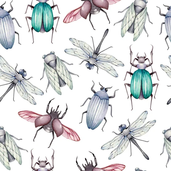 watercolor drawing of insects seamless pattern, hand drawn illustration of insect