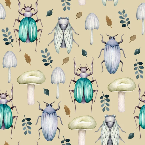 seamless pattern with hand drawn insects. watercolor illustration