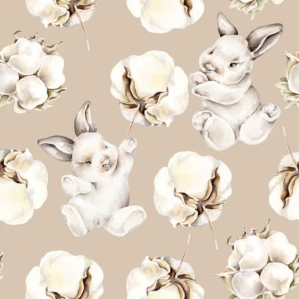 Seamless Pattern Watercolor Hand Drawn Cotton Flowers Rabbits — Stock Photo, Image