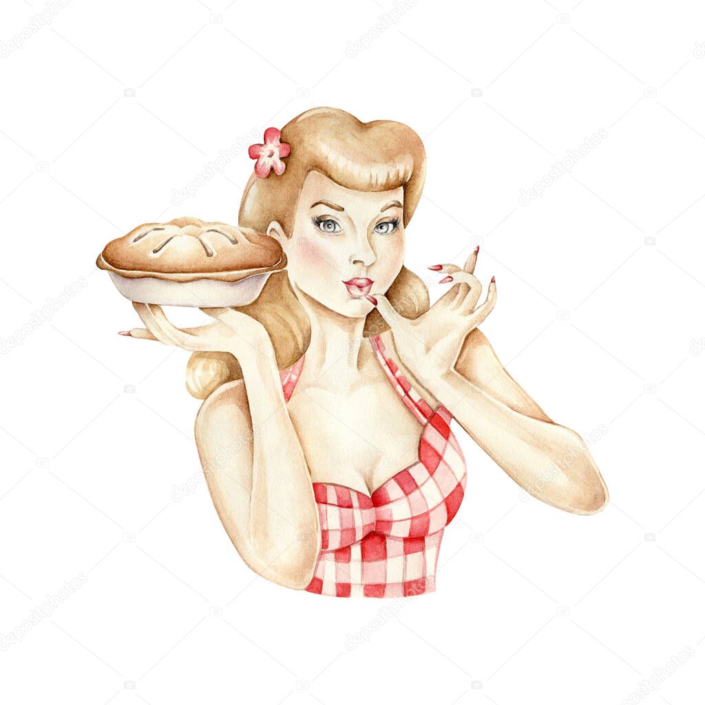 Hand drawn watercolor girl with cake isolated on white background.Pin up style.