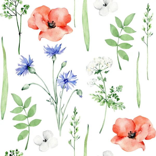 Watercolor Wildflowers Herbs Pattern Floral Fabric Design Meadow Flora Flowers — Stock Photo, Image