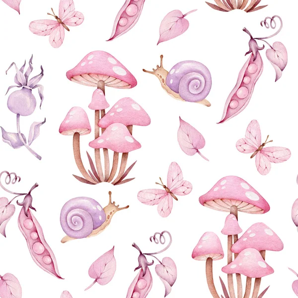 Fairy Forest Pattern Peas Snail Mushroom Butterfly Leaf Pink Accent — Stock Photo, Image