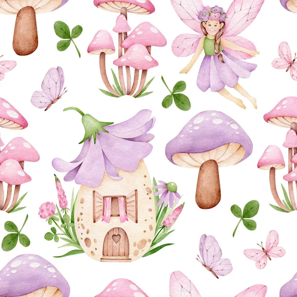 Fairy Pattern Kids Print Fairy House Elf Girl Butterflies Mushrooms — Stock Photo, Image