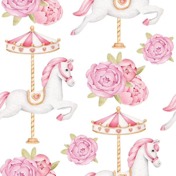 Watercolor Carousel Horses Peonies Baby Print White Horse Pink Flowers — Stock Photo, Image