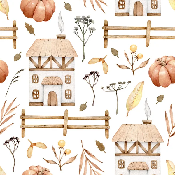 Autumn Seamless Pattern Rural House Pumpkin Floral Elements Countryside Fall — Stock Photo, Image