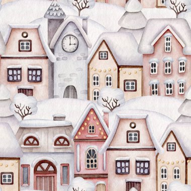 Suluboya kışlık evler. Noel köyü. Yeni yıl desenleri. Şimdi köyler.