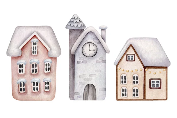 Watercolor Christmas House Decorative House Set Winter Time — 스톡 사진