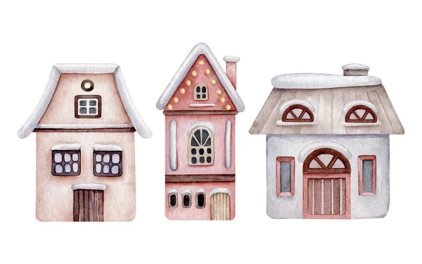 Watercolor Snowy House Decorative Building Cartoon House Christmas Houses Isolated — 스톡 사진
