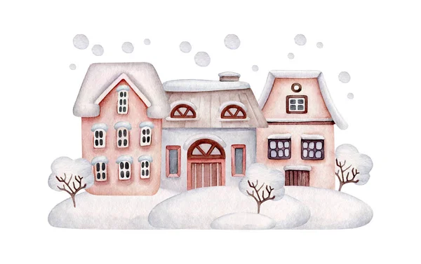 Composición Acuarela Con Casas Nieve Paisaje Invernal Casas Nieve — Foto de Stock