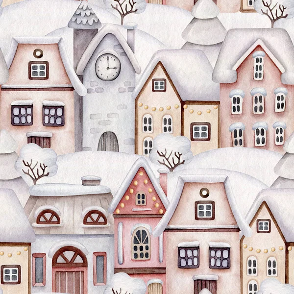 Watercolor Winter House Pattern Christmas Village New Year Pattern Snowy — 스톡 사진