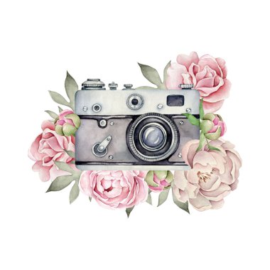 El yapımı vintage kamera. Fotoğraf makinesi, güller, şakayıklar ve yapraklarla suluboya kompozisyonu. Parmak izi, logo, kartlar, düğün davetiyeleri için kullanılabilir..