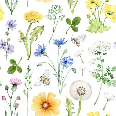 Çiçekli suluboya desenler, yabani otlar ve arılar. El çizimi çiçek deseni.
