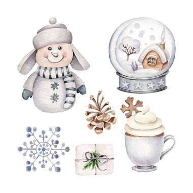Kardan adam, kar tanesi, hediye kutusu, kristal küre, kahve fincanı ile suluboya kış seti. Noel koleksiyonu.