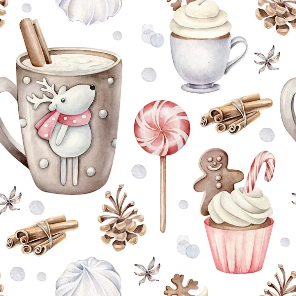 Watercolor Christmas Pattern Hot Drinks Cupcakes Pine Cone Candy Cinnamon — Stock Photo, Image