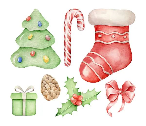 Conjunto Natal Com Árvore Natal Meia Natal Arco Presente Azevinho — Fotografia de Stock