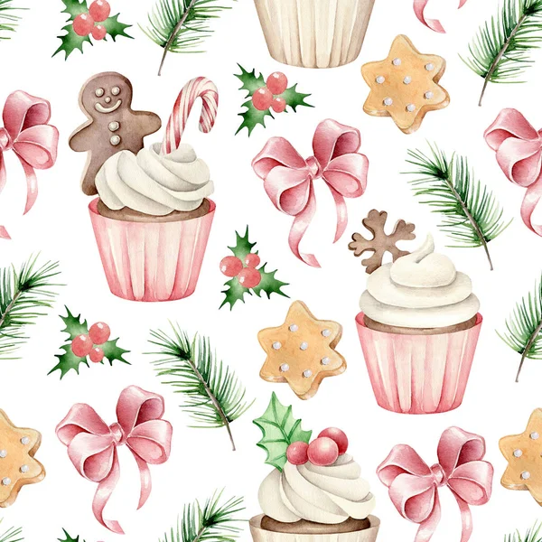 Watercolor Christmas Pattern Cupcakes Cookie Fir Bow New Year Seamless — Stock Photo, Image