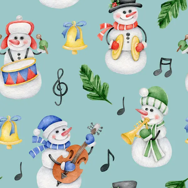 Watercolor Christmas Seamless Pattern Snowmen — Stock Photo, Image
