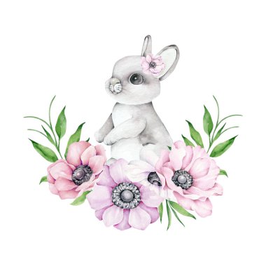 Çiçekli suluboya Paskalya tavşanı. Çiçek çelengi ile elle boyanmış..