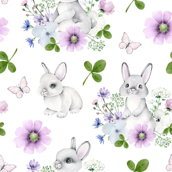 cute watercolor rabbit and flowers seamless pattern on white background