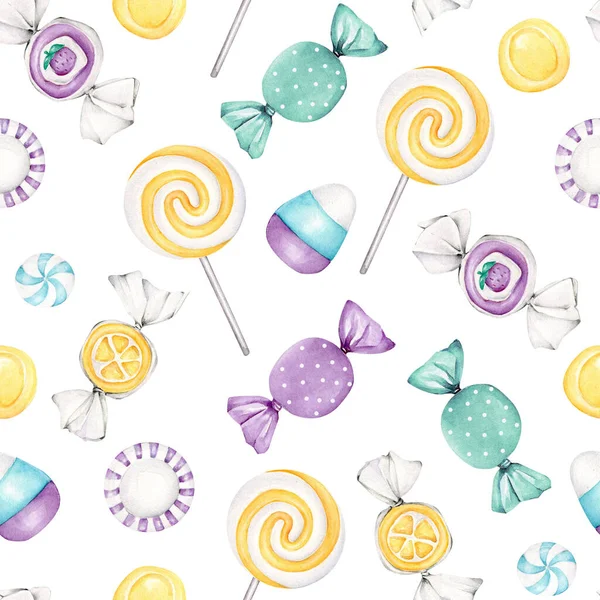 Watercolor candies. Sweets. Candy print. Children\'s background. Sweet food. Hand drawn lollipop.