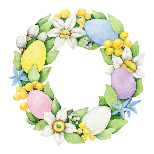watercolor Easter  floral wreath, flowers, branches, leaves, Easter eggs