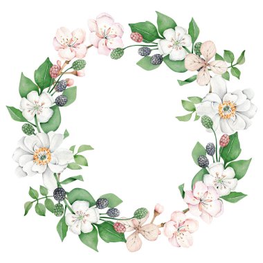 Bahar çiçekleriyle yuvarlak çerçeve. Çiçek çelengi.