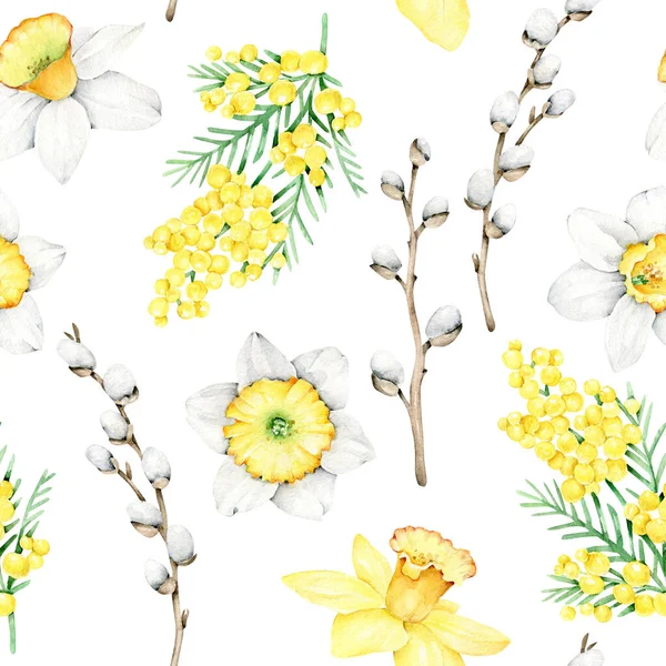 Spring flowers pSpring flowers pattern.Narcissus,mimosa flower,willow branch.Springtime.Watercolor floral seamless pattern.attern.Narcissus,mimosa flower,willow branch.Springtime.Watercolor floral seamless pattern.