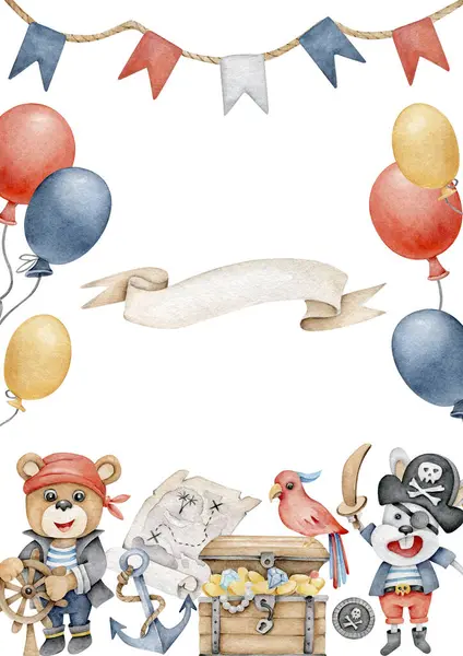 Watercolor pirates.Pirate party flyer design.Cartoon characters.Adventure.Kids frame.