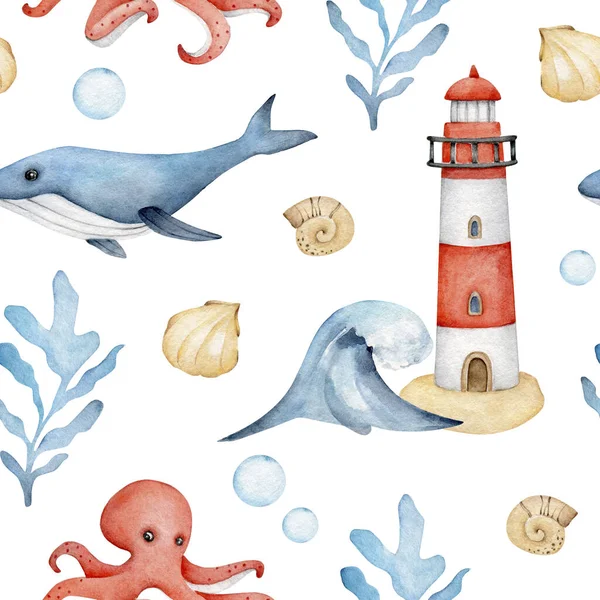 Watercolor Sea Pattern Lighthouse Whale Shells Wave Octopus Seaweed Summer — Stock Photo, Image
