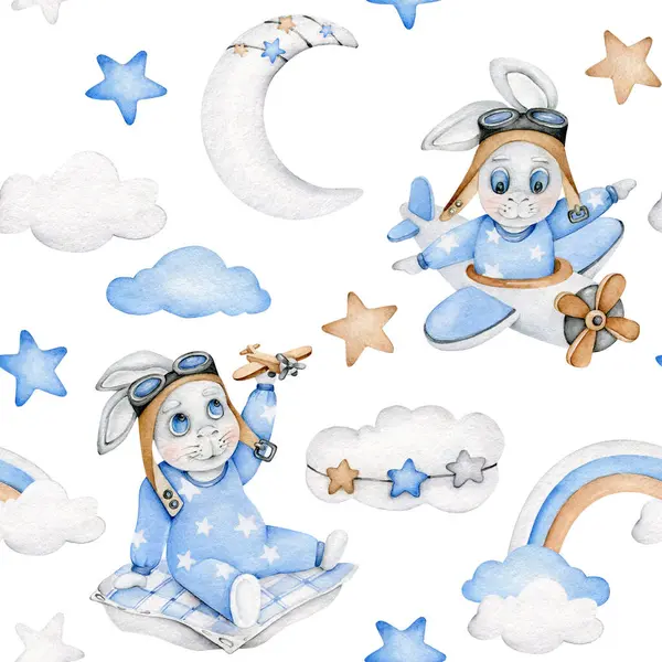 Baby seamless pattern with cute rabbit,airplane,cloud,star,moon,rainbow.Baby boy.Toy plane.Endless baby background.Bedtime.Sweet dreams.Good night.Watercolor hand drawn elements