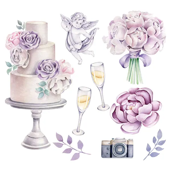 Wedding set:wedding cake, glass of champagne, angel, camera, peony, wedding bouquet.Romantic set