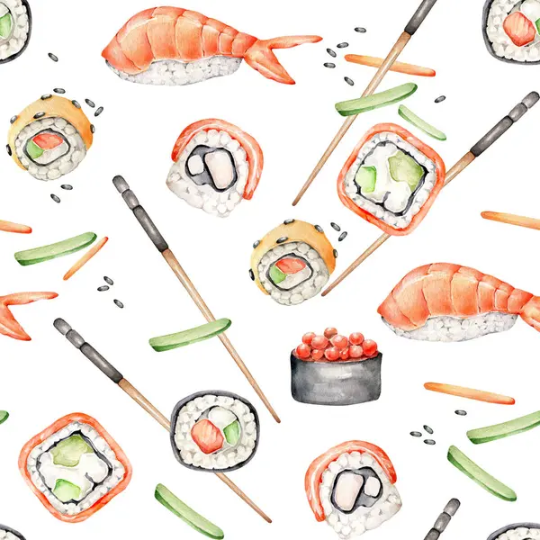 Acquerello Modello Senza Soluzione Continuità Con Sushi Asian Cibo — Foto Stock