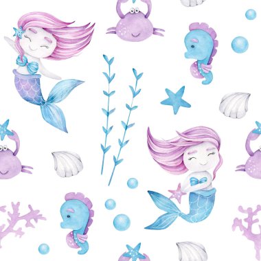 Suluboya desensiz denizkızı. Denizkızı, deniz yıldızı, deniz yosunu, deniz atı, kabuk, yengeç, baloncuk. Çizgi film karakteri.