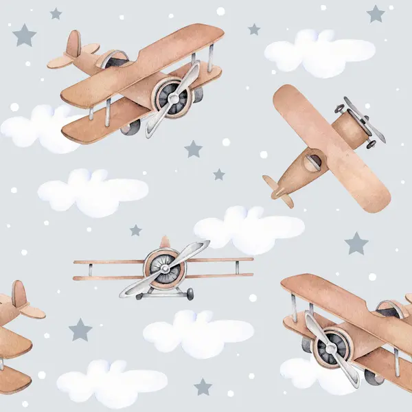 Watercolor Seamless Pattern Plane Cloud Star Watercolor Baby Print Airplane — Stock Photo, Image