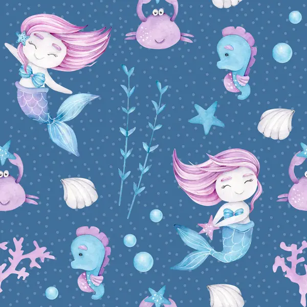 水彩画美人鱼无缝图案美人鱼女孩 卡通人物 儿童面料设计 婴儿图案 蓝色背景 — 图库照片