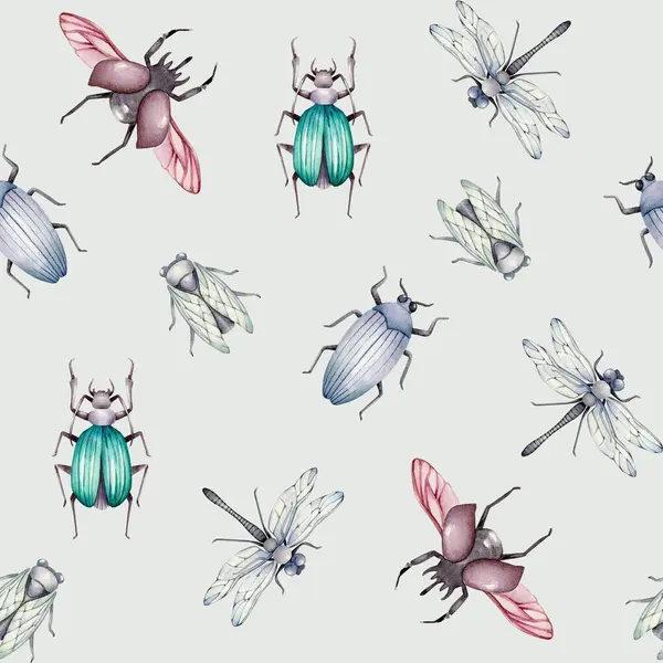 Seamless Pattern Insects Watercolor Pattern Beetles Wallpaper Wrapping Paper Design — Stock Photo, Image