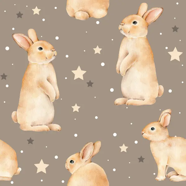 Watercolor Kids Pattern Rabbits Stars Fabric Design Childish Endless Print — Stock Photo, Image