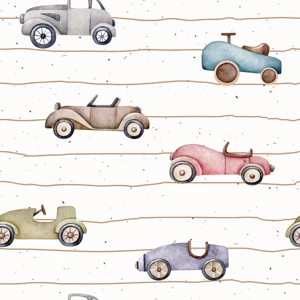 Watercolor Pattern Retro Cars Car Toy Retro Transport Wallpaper Wrapping — Stock Photo, Image