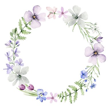 Çiçek çelengi. Çerçevenin etrafında suluboya çiçek. Yaban çiçekleri.