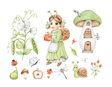 Küçük bir kız, mantar evi, salyangoz, böcekler, çiçekler, elma ve bezelyeler olan tatlı suluboya masal ormanı seti. Tuhaf botanik ve bahçe çocuk yuvası, çocuk yuvası.