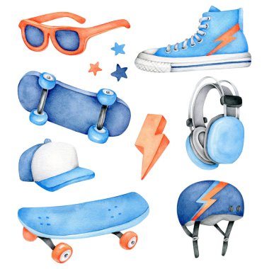 Kaykay takımları ve spor kıyafetlerle suluboya seti. Çocuk tasarımları, posterler, kitaplar ve baskılar için mükemmel..