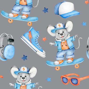  Tatlı fare patencisi, kaykay kıyafeti ve spor kıyafetleriyle suluboya desenli. Çocuk tasarımları, posterler, kitaplar ve baskılar için mükemmel. Kumaş tasarımları. Küçük çocuklar için baskı.