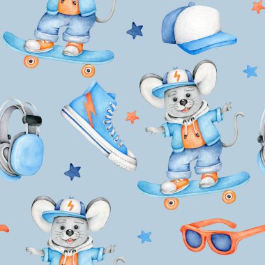 Tatlı fare patencisi, kaykay kıyafeti ve spor kıyafetleriyle suluboya desenli. Çocuk tasarımları, posterler, kitaplar ve baskılar için mükemmel. Kumaş tasarımları. Küçük çocuklar için baskı.