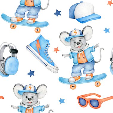  Tatlı fare patencisi, kaykay kıyafeti ve spor kıyafetleriyle suluboya desenli. Çocuk tasarımları, posterler, kitaplar ve baskılar için mükemmel. Kumaş tasarımları. Küçük çocuklar için baskı.