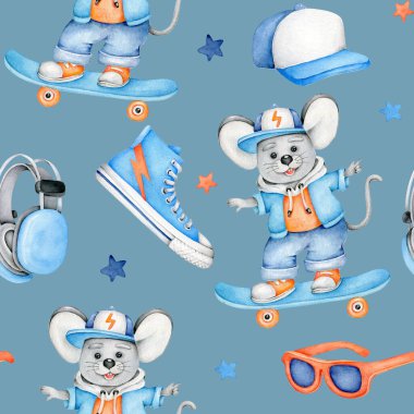  Tatlı fare patencisi, kaykay kıyafeti ve spor kıyafetleriyle suluboya desenli. Çocuk tasarımları, posterler, kitaplar ve baskılar için mükemmel. Kumaş tasarımları. Küçük çocuklar için baskı.