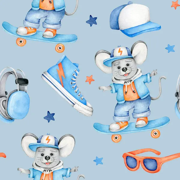 Tatlı fare patencisi, kaykay kıyafeti ve spor kıyafetleriyle suluboya desenli. Çocuk tasarımları, posterler, kitaplar ve baskılar için mükemmel. Kumaş tasarımları. Küçük çocuklar için baskı.