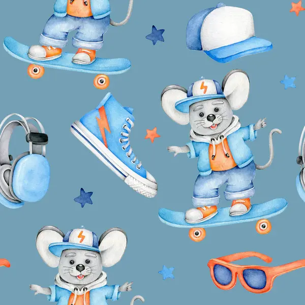  Tatlı fare patencisi, kaykay kıyafeti ve spor kıyafetleriyle suluboya desenli. Çocuk tasarımları, posterler, kitaplar ve baskılar için mükemmel. Kumaş tasarımları. Küçük çocuklar için baskı.