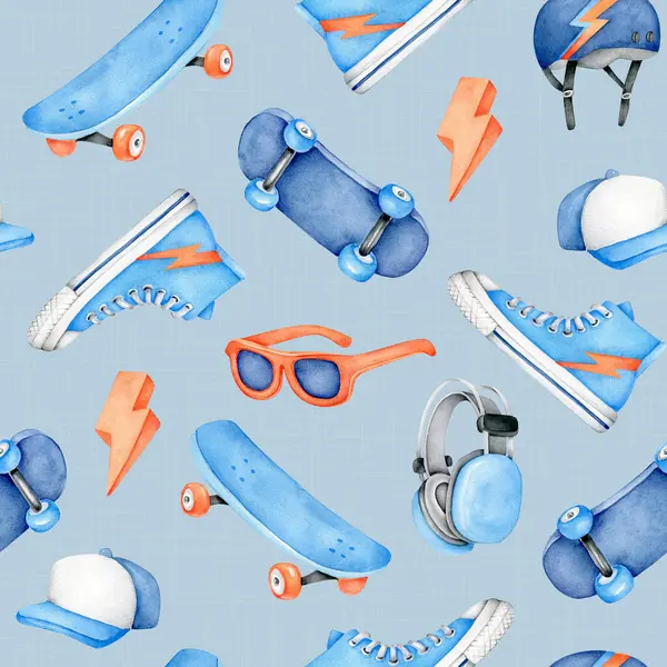 Elle çizilmiş patenler, kaykaylar ve kulaklıklar ile suluboya desenli..