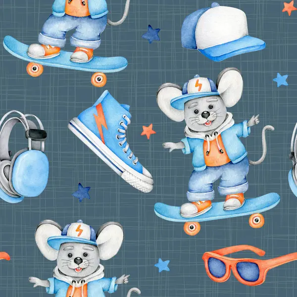 Şirin fare ve kaykaylı şirin el çizimi suluboya deseni.