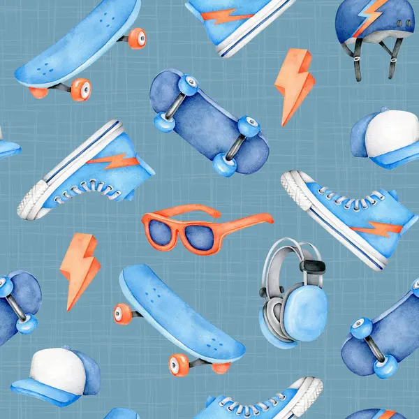 Kaykaylı, kaykaylı, kaykaylı, patenli ve kulaklıklı suluboya el çizimi. Çocuklar, tekstil ve ambalaj kağıtları için son moda yaz spor ekipmanları